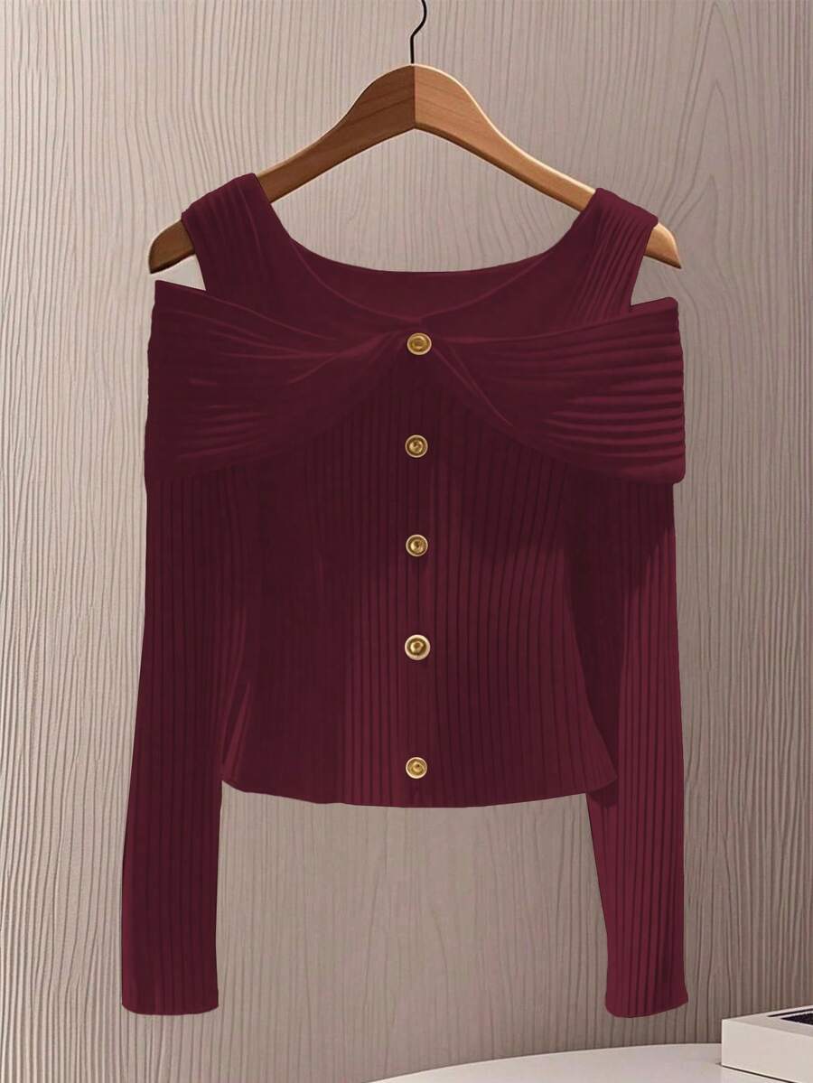 GlowEve 女式纯色单排扣露肩长袖罗纹T恤 - 酒紅色 - 查看 1