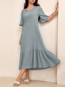 Lacomfia 2025年夏季新款女士V领褶皱A字连衣裙 - 淺灰色 - 查看 3