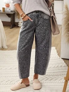 EMERY ROSE Quần jean nữ dáng rộng, họa tiết da báo, có túi và đai thắt lưng - Cà phê nâu - Xem 3