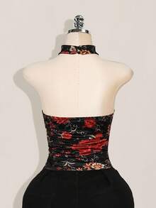 SHEIN ICON Áo hở lưng in hoa gợi cảm cổ yếm phong cách miền Tây Boho Y2K mùa hè dành cho nữ, mùa hè - màu đen - Xem 3