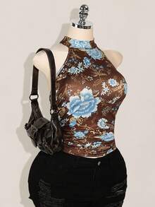 SHEIN ICON 加大码 Y2K 夏季外出波西米亚风西部乡村音乐会女式性感露背花卉印花挂脖上衣，夏季 - 棕色 - 查看 5