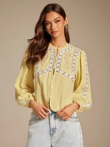 Enchnt Fall/Winter Romantic Women's Yellow Floral Lace Patchwork Round Neck Lantern Sleeve Single-Breasted Fashion Blouse, Casual & Comfortable For Birthday & Holiday Party & Sweet Date & Daily Commuting & Vacation,Fall Blouse For Women,Autumn Clothes