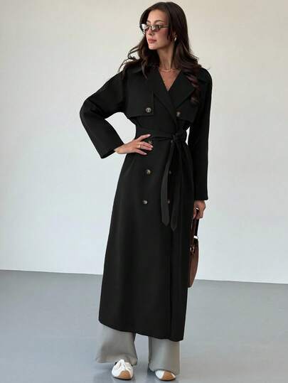 Aloruh 女式纯色翻领长袖双排扣休闲风衣，秋季