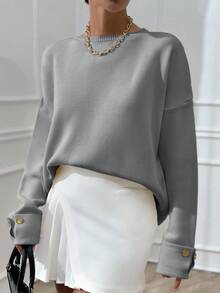 EURMUSE 女士双袖纽扣细节超大号冬季厚毛衣，温暖触感 - 灰色 - 查看 3