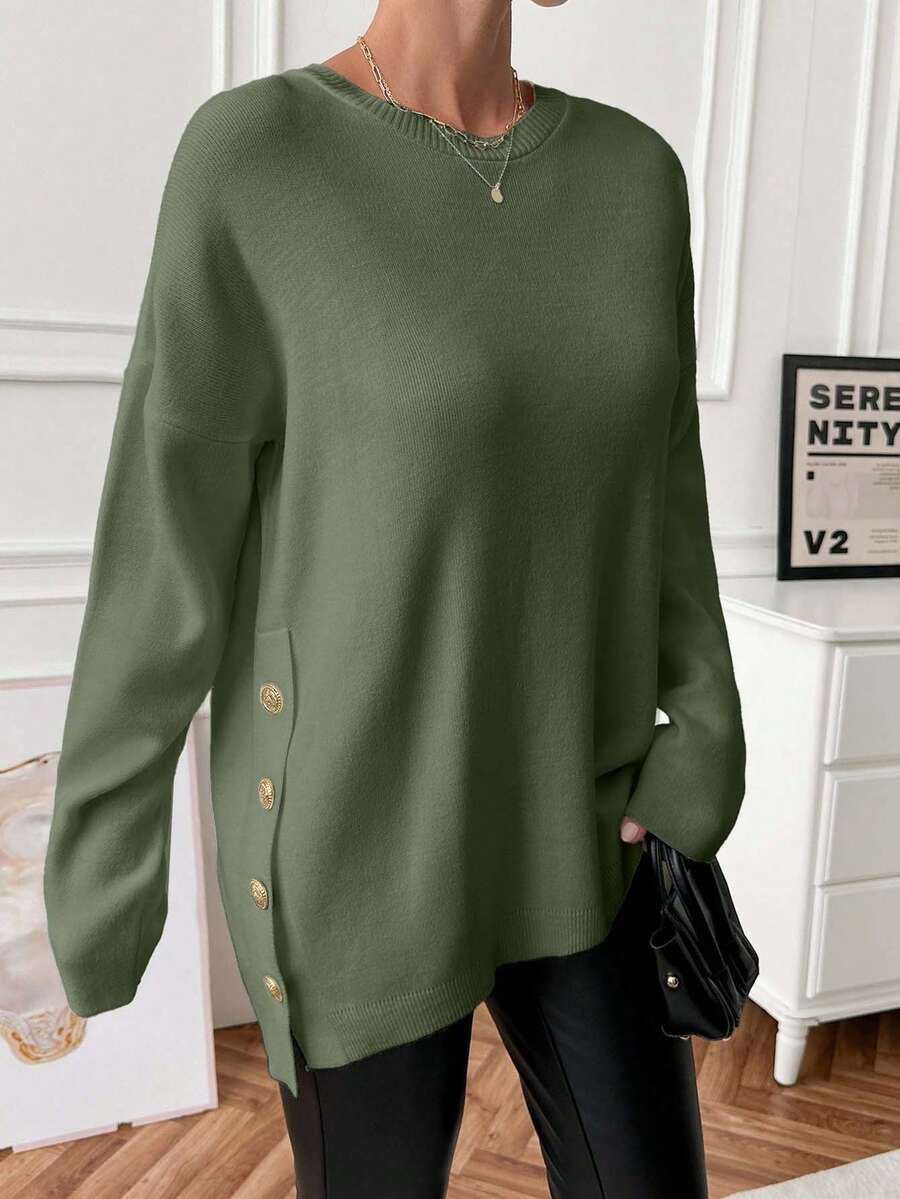 EURMUSE Women's Casual Crew Neck Pullover Sweater With Side Button - Mint Green - View 1