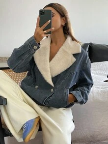 DAZY 女式休闲拼布牛仔夹克，秋季 - 藍色 - 查看 5