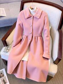 浅粉色单排扣大衣，带毛领，中长款，秋冬季 - 粉色 - 查看 1