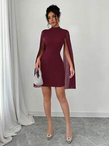 Elenzga Váy ôm sát mini có cổ đứng, màu trơn - Màu Đỏ Sâu - Xem 6