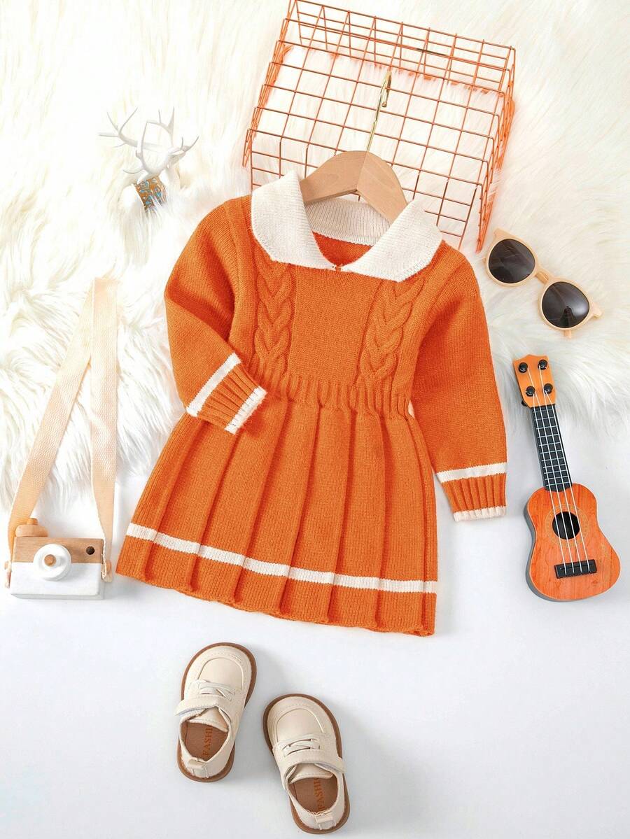 Verträumtes lavendelfarbenes Strickkleid mit Peter-Pan-Kragen für Baby-Mädchen, Strickhandwerk in Kontrastfarbe, süßer und niedlicher Stil, Herbst/Winter, weiches und bezauberndes Outfit für kleine Mädchen, Baby-Set für Herbst/Winter, Strick-Outfits für Baby-Mädchen, orangefarbenes Kleid für Mädchen, orangefarbenes Babykleid, Baby-Mädchenkleidung, Frühling/Herbst