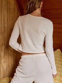 Aralina Sleepwear Fall Winter Cute Cosy Soft Brushed Waffle Placket Detail Long Sleep Top And Wide Leg Pant Sleep Two Pieces Set Clothes - White - View 3