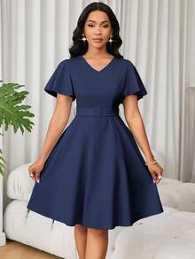 Lunelith SHEIN Lunessa 女式 V 领短袖荷叶边下摆优雅纯色 A 字连衣裙 - 藏蓝色 - 查看 3