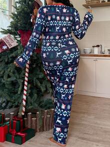 SweetSlumber Pijama Macacão de Malha com Estampa Listrada Plus Size, Para o Natal, Para Pijamas Plus Size de Outono e Inverno, Roupa Confortável