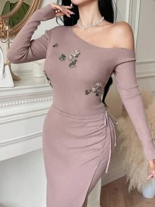 DAZY 女士优雅亮片肩部针织毛衣和百褶裙两件套，秋季 - 粉色 - 查看 5