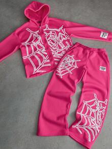 PAVTROS طقم هودي رجالي بطراز الشارع الشعبي INS مطابق للتطريز بنسيج العنكبوت ثلاثي الأبعاد، نسيج عنكبوت داكن للموسيقى الخارجية ومهرجان الليل والنادي الليلي، هدية للصديق أو الزوج في المناسبات والأعياد، ملابس خريف/شتاء