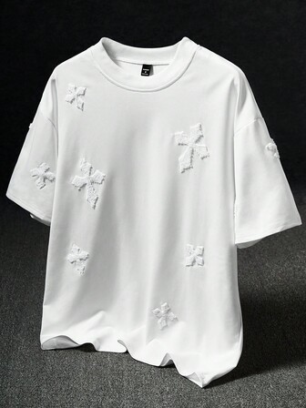 Manfinity Roghcode Men Plus Size Street-Style Popular INS Matching Cross Full-Print Towel Embroidery, Daily, Boyfriend/Husband Gift, Anniversary Gift, White T-Shirt With Crosses Short Sleeve T-Shirt