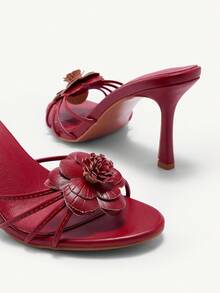 CUCCOO CHICEST Women's Fashionable High Heel Sandals With 3D Floral Decor BURGUNDY Sandals Spring Shoes Spring Break Easter Prom Heels - Burgundy - View 4