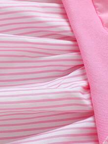 小女孩条纹领衬衫，甜美公主风格蓝白条纹长袖拼接，3D 花朵荷叶边下摆，柔软轻盈，春秋季、返校季、四季皆宜 - 粉色 - 查看 7