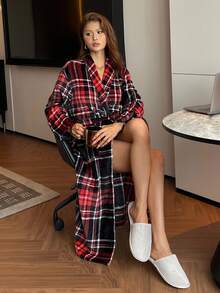 DAZY 女士格子法兰绒长袍，宽松版型，冬季蓬松保暖睡衣 - 紅色 - 查看 7