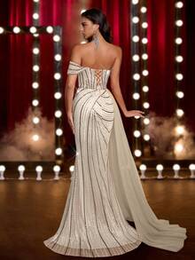 Glamrae Elegant Luxurious Beaded & Sequin Mesh Mermaid Tail Dress With Side Flounce, Suitable For Weddings, Parties, Vacations, Galas, Formal Events (Heavy Embellishment) - Apricot - View 2