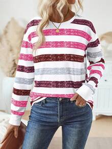 SHEIN LUNE Women Crew Neck Long Sleeve Striped Casual Top Graphic Tees Women Tops For Spring - Multicolor - View 5
