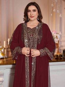 Layrah 2件套迪拜风格优雅奢华轻盈连衣裙，适合中东/阿拉伯女性 - 酒紅色 - 查看 6