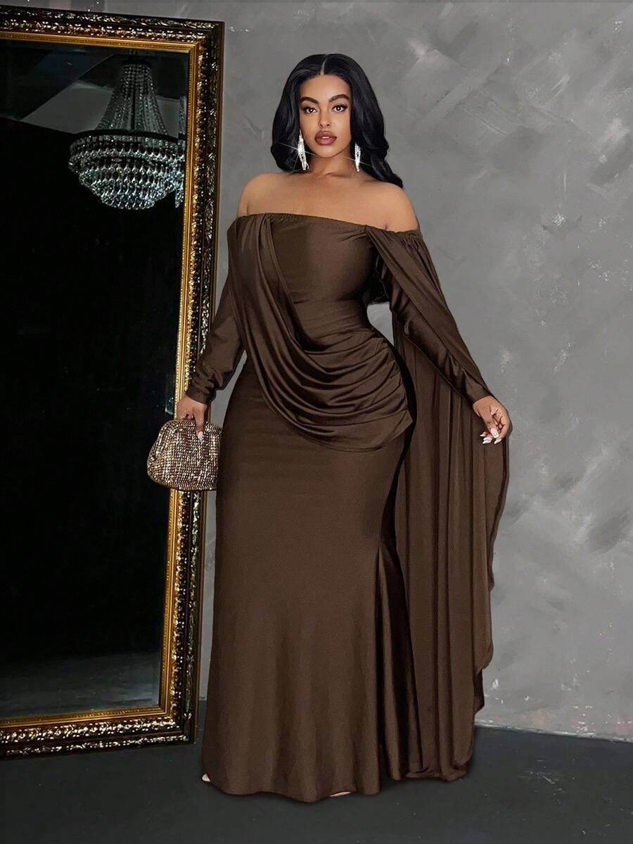 Maweii Plus Size Women's Solid Color Off Shoulder Long Sleeve Ruffle Tie Design Fitted Elegant Dress Fall - Brown - View 1