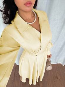 Islaluna Women's Turndown Collar Drop Shoulder Long Sleeve Waist Gathered A-Line Dress, Suitable For Outings, Vacations, Holidays, And Travels