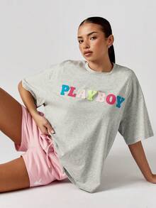 Missguided x Playboy 多色字母印花超大 T 恤棉混纺休闲短袖街头风夏季春季上衣 - 淺灰色 - 查看 1