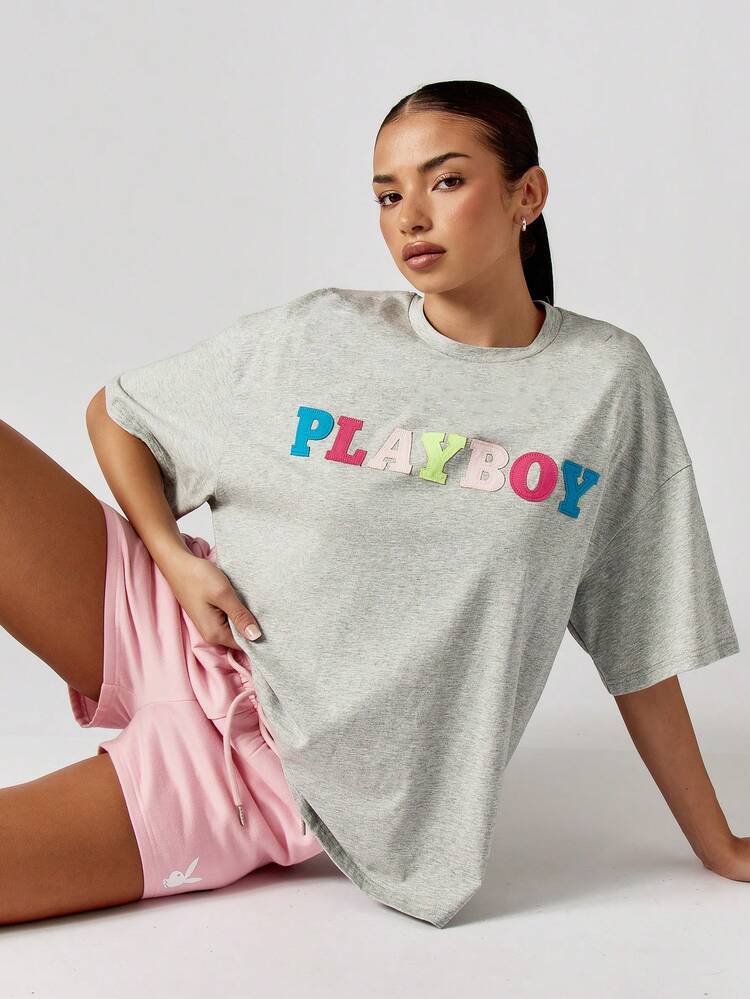 Missguided x Playboy T-shirt oversize in misto cotone con stampa multicolore di lettere, maniche corte, casual, stile streetwear, adatta per l'estate e la primavera