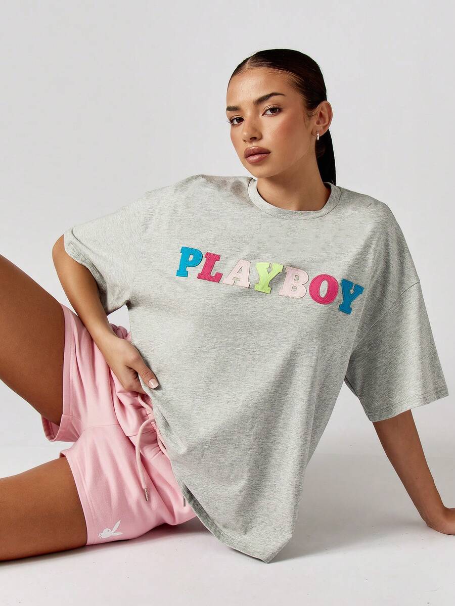 Missguided x Playboy 多色字母印花超大 T 恤棉混纺休闲短袖街头风夏季春季上衣 - 淺灰色 - 查看 1