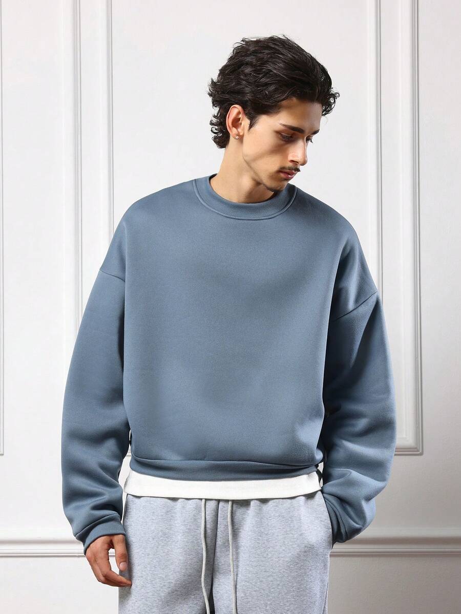 SUMWON 短款圆领卫衣，宽松落肩休闲套头衫，金属孔眼细节，经典百搭，秋冬居家休闲街头风纯色款 - 藏蓝色 - 查看 1