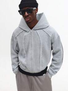 SUMWON 常规拉链连帽衫，拼接设计，经典休闲街头风，冬季必备，全拉链套头衫，都市时尚家居服，运动日常穿着，纯色 - 灰色 - 查看 1