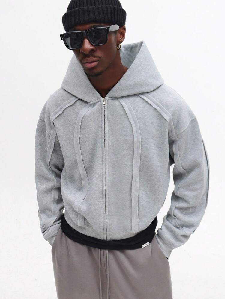 사이드 포켓과 패널 디자인이 있는 풀 지퍼 후드 티셔츠
