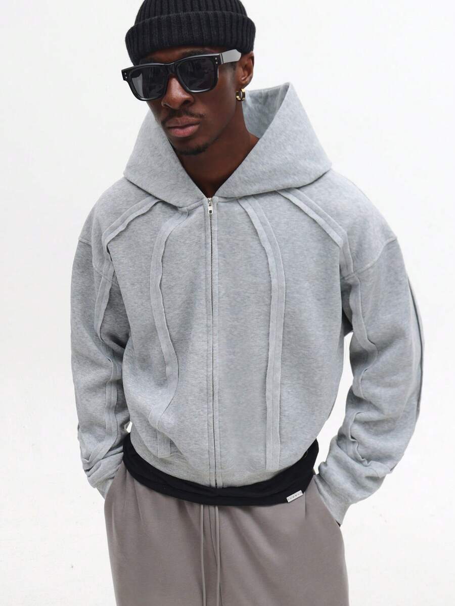 SUMWON 常规拉链连帽衫，拼接设计，经典休闲街头风，冬季必备，全拉链套头衫，都市时尚家居服，运动日常穿着，纯色 - 灰色 - 查看 1