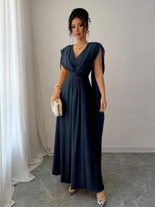 Elenzga Women's Solid Color Splicing Ribbon Decor V-Neck Waisted Long Dress - Navy Blue - View 6