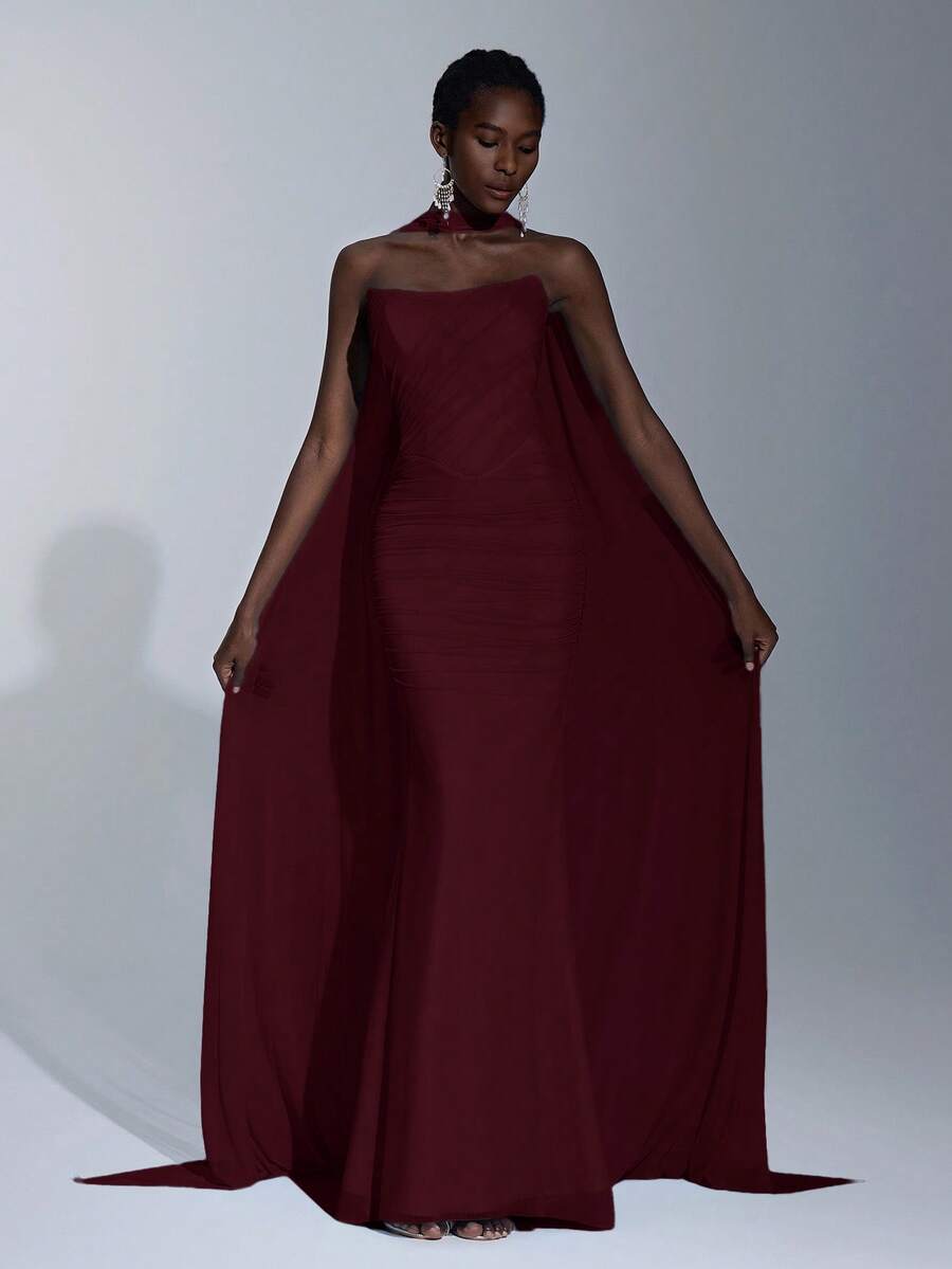 Elitara Elegant Luxurious Light Blue Elastic Mesh Boat Neck Full Ruffle Sequin Bridesmaid Dress - Burgundy - View 1