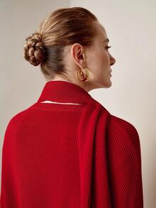 SHEIN LUNE Bộ áo len Giáng sinh 3 món cho nữ, áo chui đầu tay dài họa tiết sọc cổ điển màu đỏ thanh lịch, chân váy dài ôm sát có khăn quàng trang trí, trang phục dệt kim hai mảnh thu đông - Đỏ - Xem 6