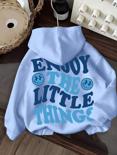 SHEIN EZwear Casual Minimalist Blue Printed Pattern Drawstring Hooded Long Sleeve Loose Fit Thick Sweatshirt For Women, Fall/Winter