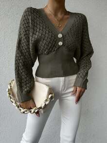 SHEIN Cottnline Women's Solid Color Hollow V-Neck Button Knitted Sweater - Army Green - View 6