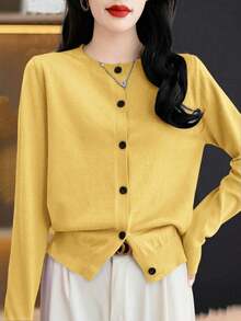 EMERY ROSE Women's Casual Everyday Commute Simple Solid Color Button-Front Cardigan, Autumn - Yellow - View 5