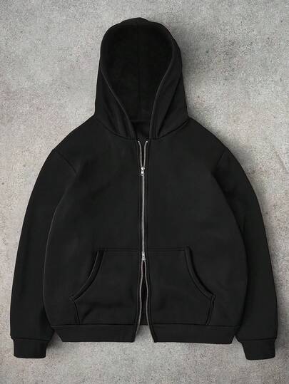 Manfinity Homme Plus Size Men's Casual Solid Color Zip-Up Hoodie Sweatshirt, Black Hoodie Zip Up, Black Zipper Hoodie, Zip Up Hoodie, Men Zipper Hoodie , Fall