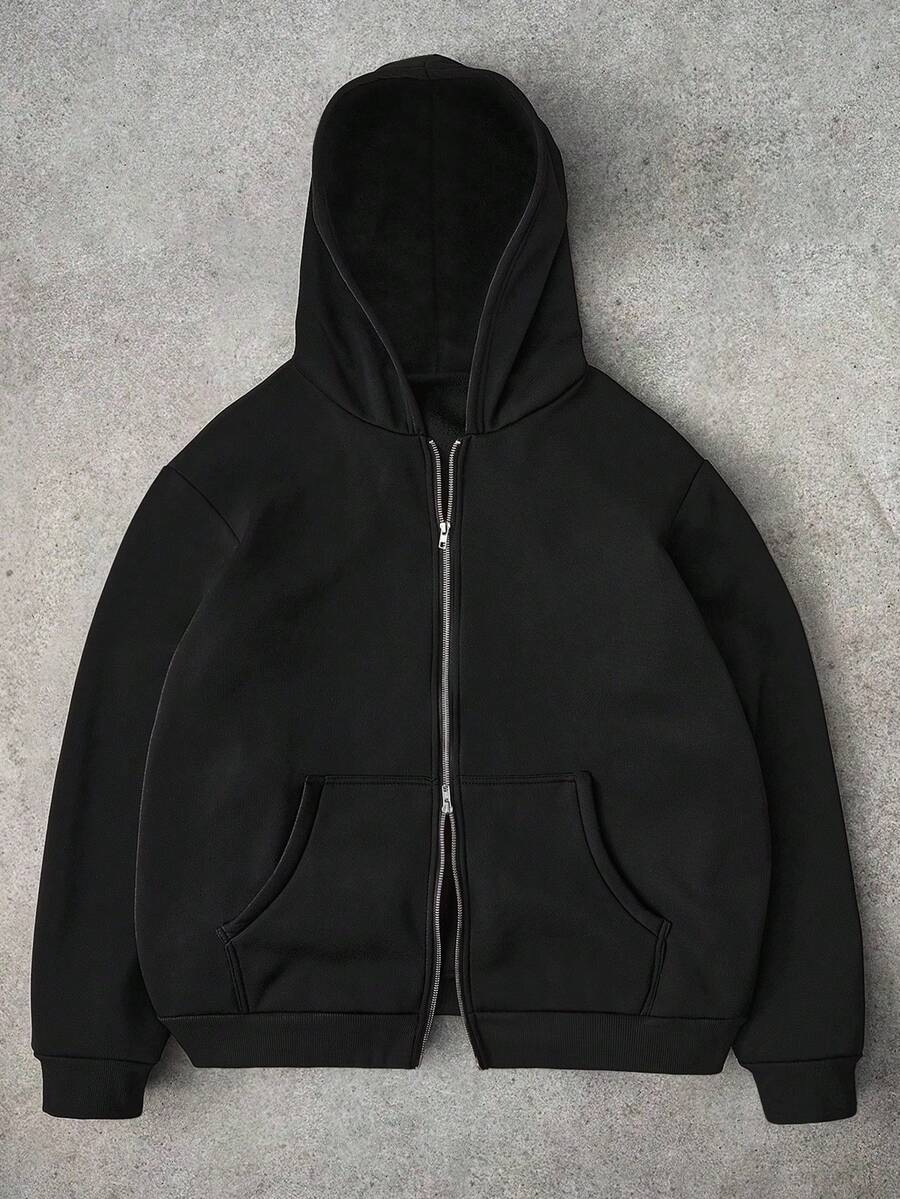 Manfinity Homme 大码男士休闲纯色拉链连帽衫运动衫，黑色拉链连帽衫，黑色拉链连帽衫，拉链连帽衫，男士拉链连帽衫，秋季 - 黑色 - 查看 1