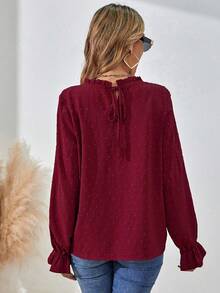EMERY ROSE 女式休闲度假风格纯色喇叭袖纹理面料宽松衬衫，春秋季 - 紅色 - 查看 2