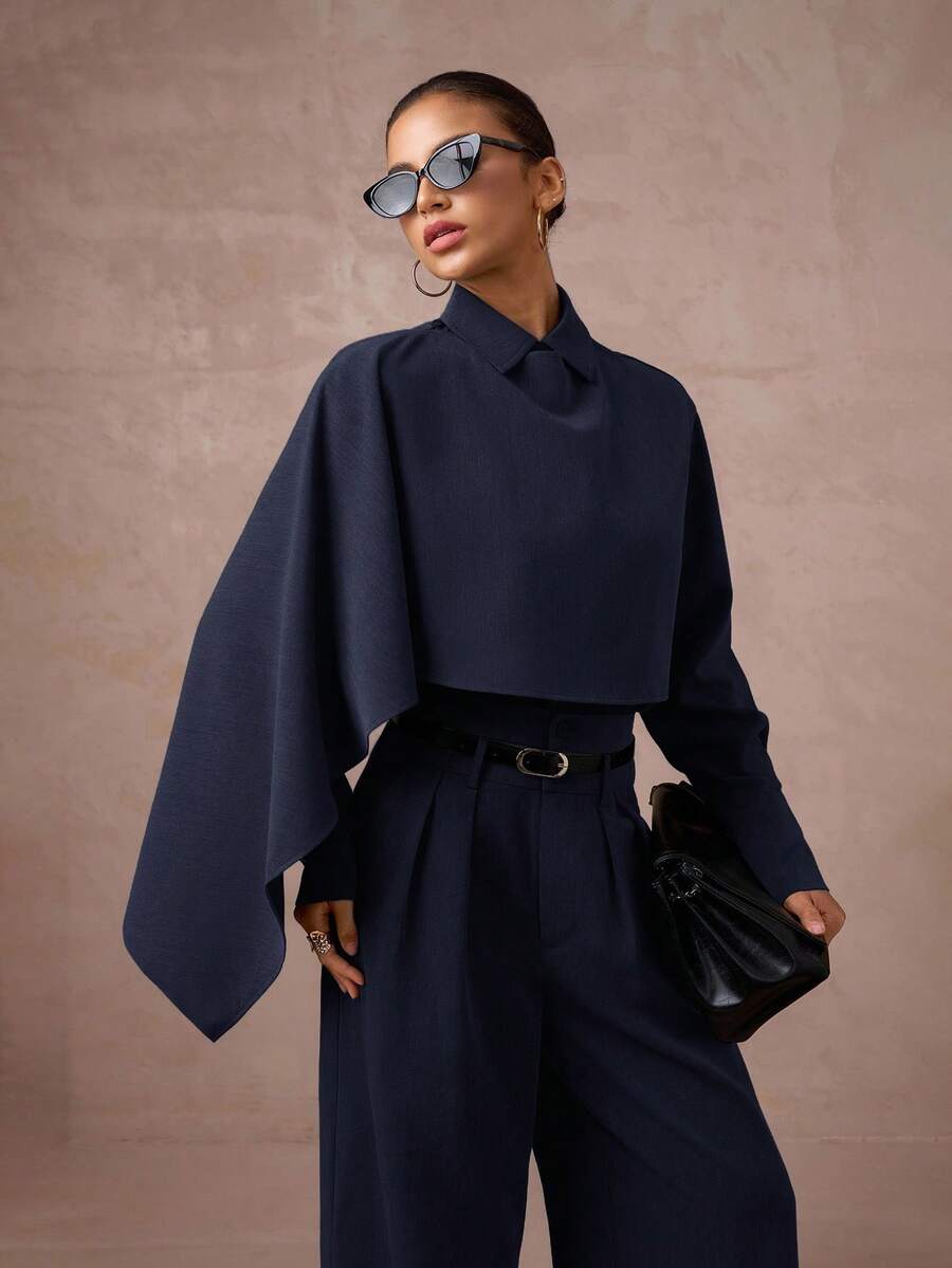 Lumalex 2 件套女式高腰束腰中长连衣裙和长袖西装外套套装秋冬女装 - 藏蓝色 - 查看 1