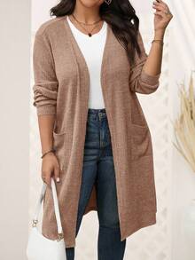 EMERY ROSE Plus Size Casual Ribbed Dual Pocket Front Cardigan, Autumn Fall Clothes Plus Size Plus Size Cardigan Plus Size Winter Clothes Fall Clothes For Women Brown Cardigan - Khaki - View 3