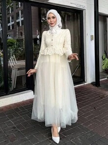 DAZY Women's Elegant Lace Patchwork Square Collar Puff Sleeve Midi Dress,Fall Dress Long Sleeve Dress - Beige - View 4