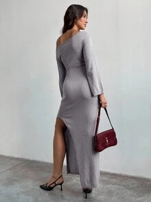 Aloruh Vestido de suéter minimalista de un solo hombro de unicolor para mujer, uso casual de todos los días - Púrpura polvoriento - Ver 3