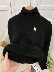 SHEIN Tween Mädchen Kleidung Einfacher schwarzer Rollkragenpullover, Nerzfell Saum Bescheidener Basis Pullover für Herbst Feiertage Schulanfang, Winter Weihnachten Tween Mädchen Kleidung - Schwarz - Übersicht 1