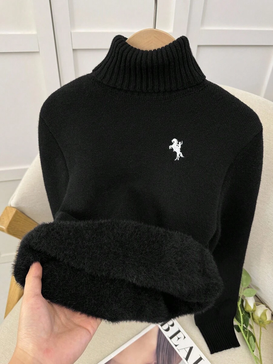 SHEIN Tween Mädchen Kleidung Einfacher schwarzer Rollkragenpullover, Nerzfell Saum Bescheidener Basis Pullover für Herbst Feiertage Schulanfang, Winter Weihnachten Tween Mädchen Kleidung - Schwarz - Übersicht 1