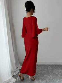 SHEIN Elenzya 优雅针织高弹力蝙蝠袖V领扭纹设计中长款女连衣裙 - 酒紅色 - 查看 2
